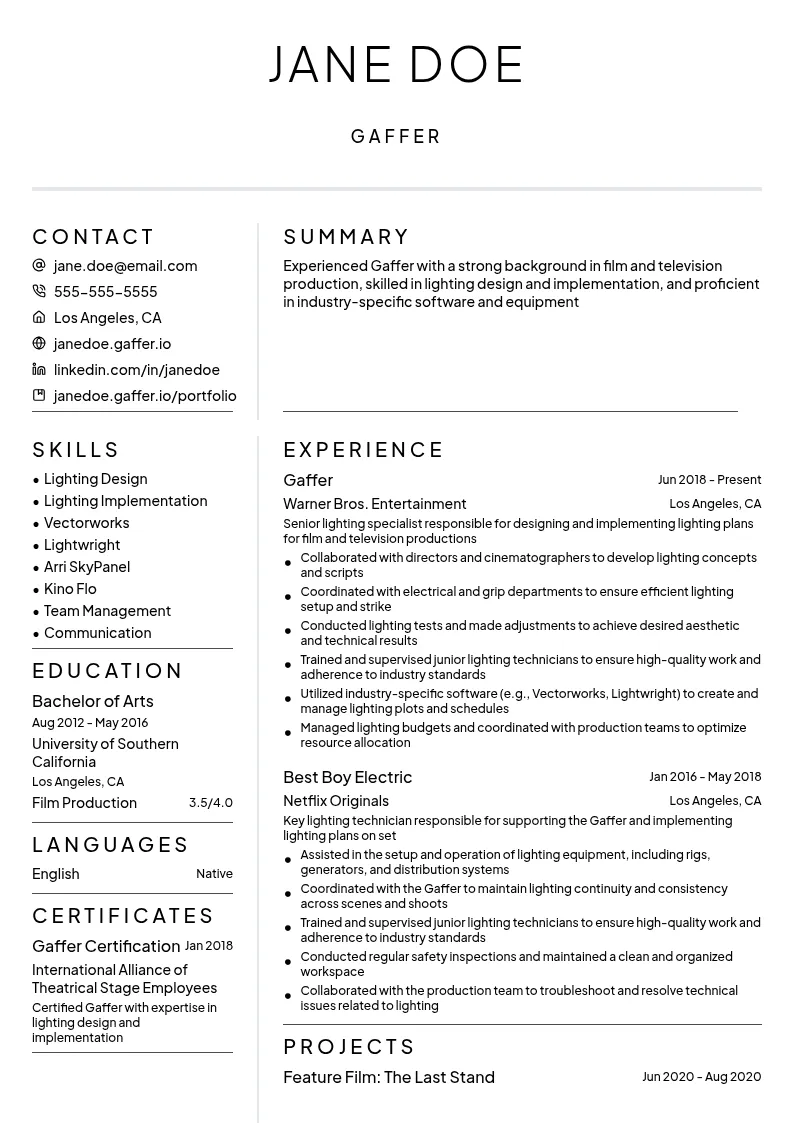 Gaffer resume example