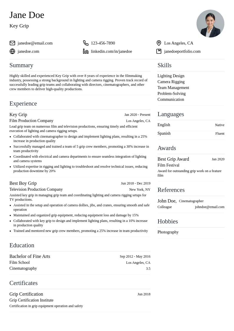 Key Grip resume example