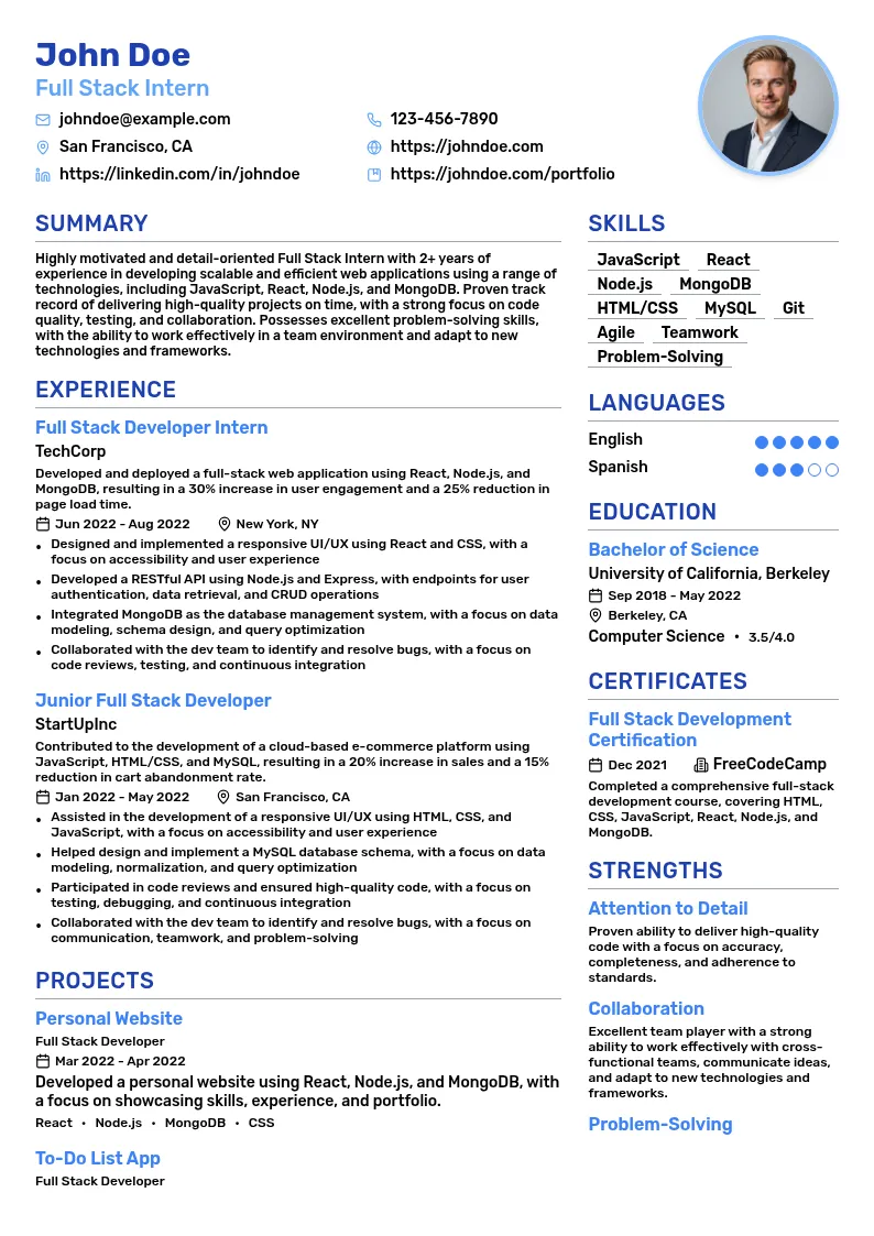 Full Stack Intern resume example