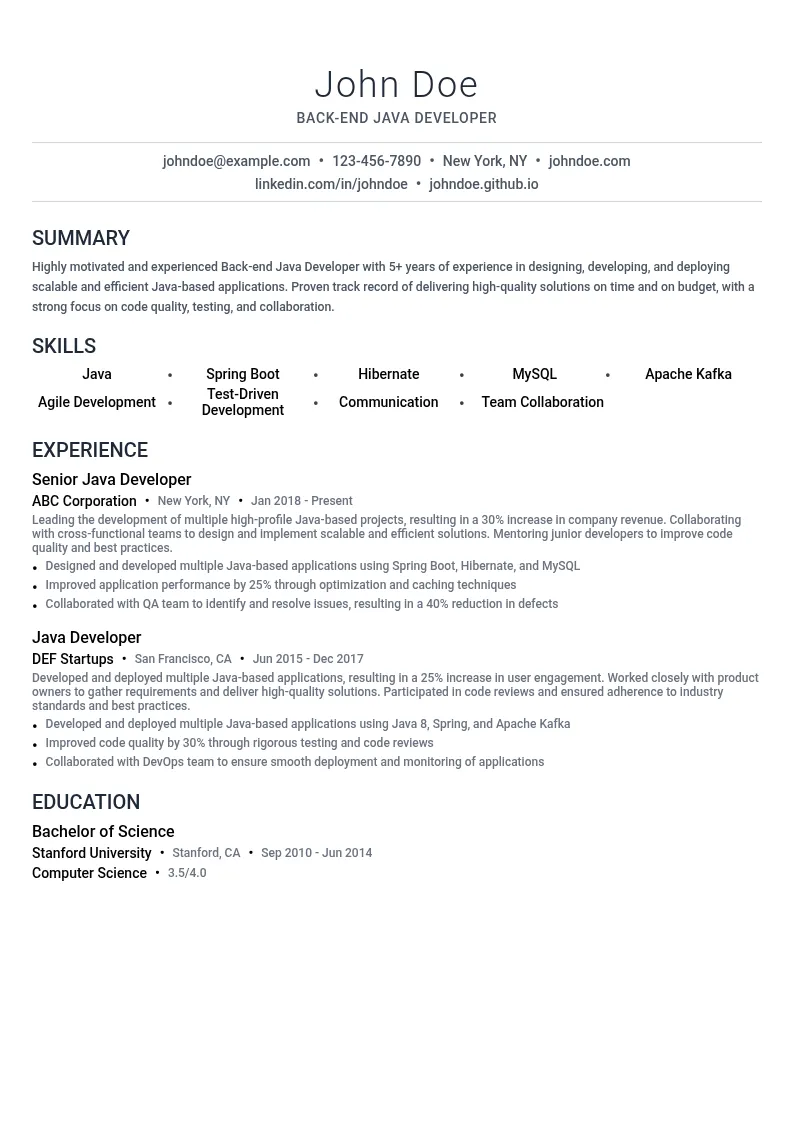 Back-end Java Developer resume example