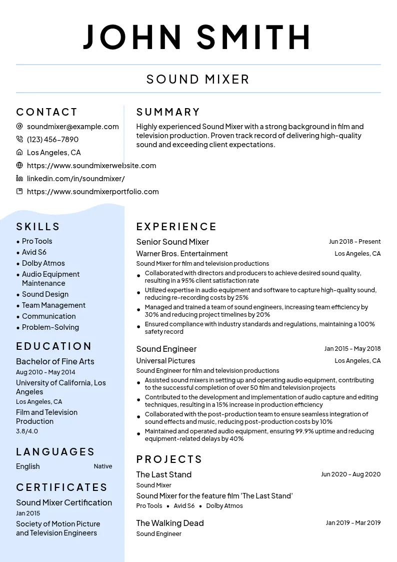 Sound Mixer resume example
