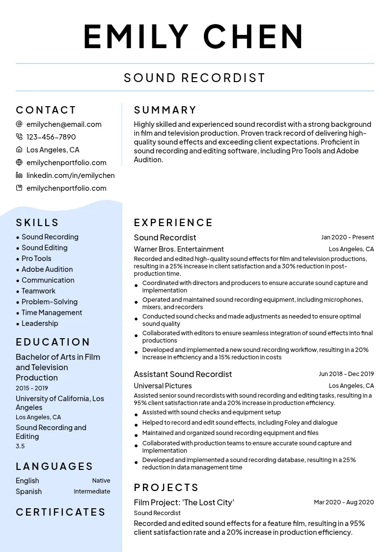 Sound Recordist resume example
