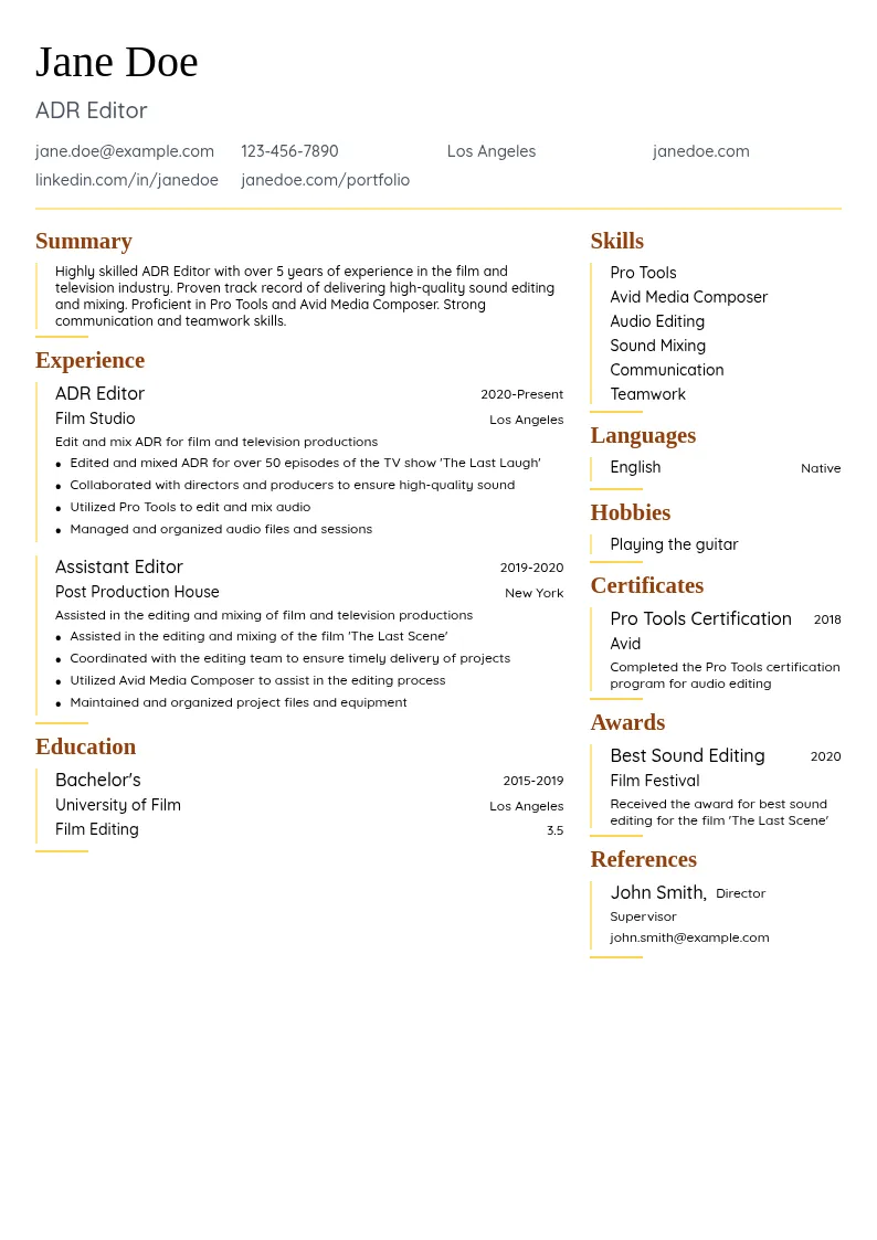 ADR Editor resume example