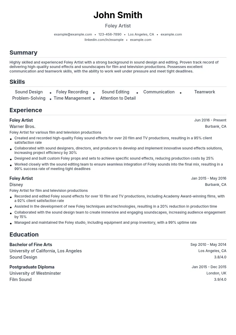 Foley Artist resume example