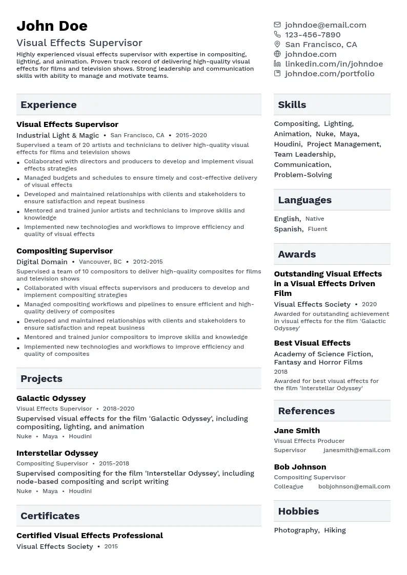 Visual Effects Supervisor resume example