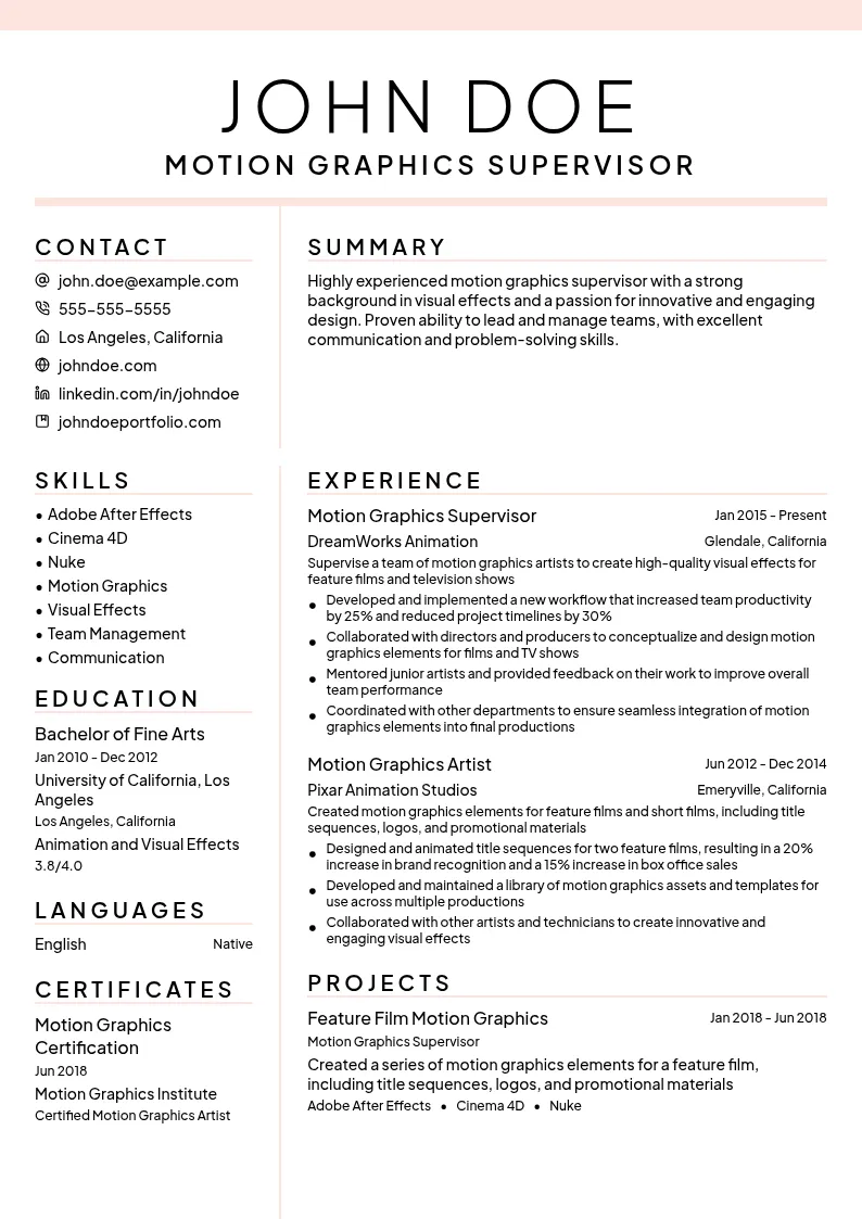 Motion Graphics Supervisor resume example