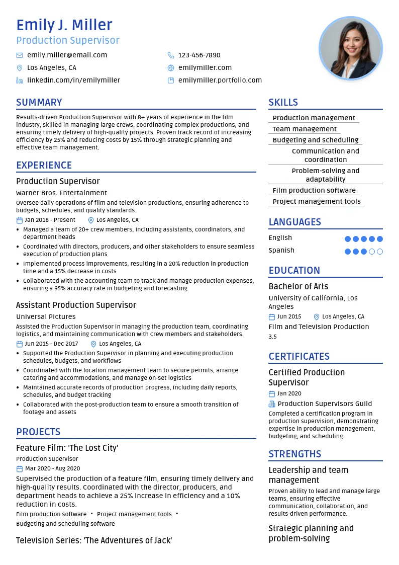 Production Supervisor resume example