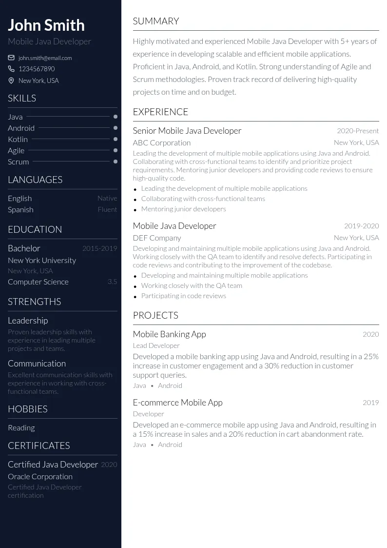 Mobile Java Developer resume example