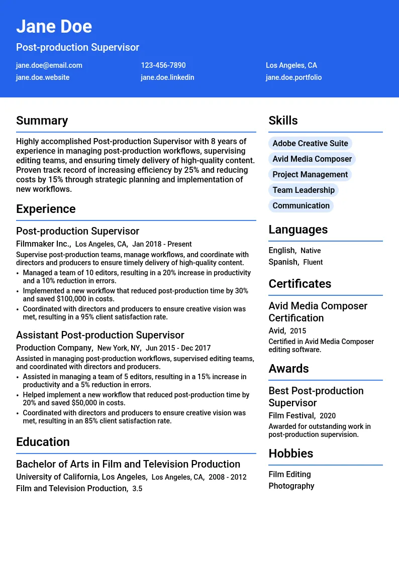 Post-production Supervisor resume example