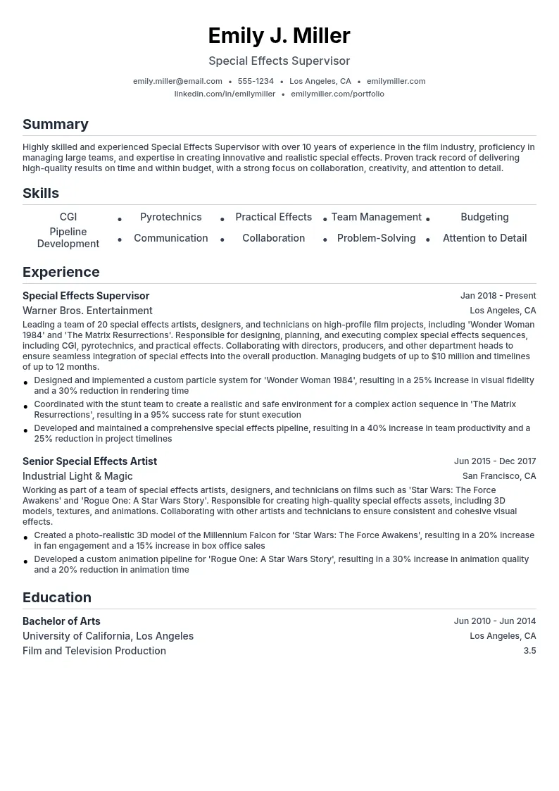 Special Effects Supervisor resume example