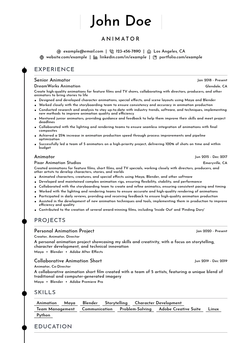Animator resume example