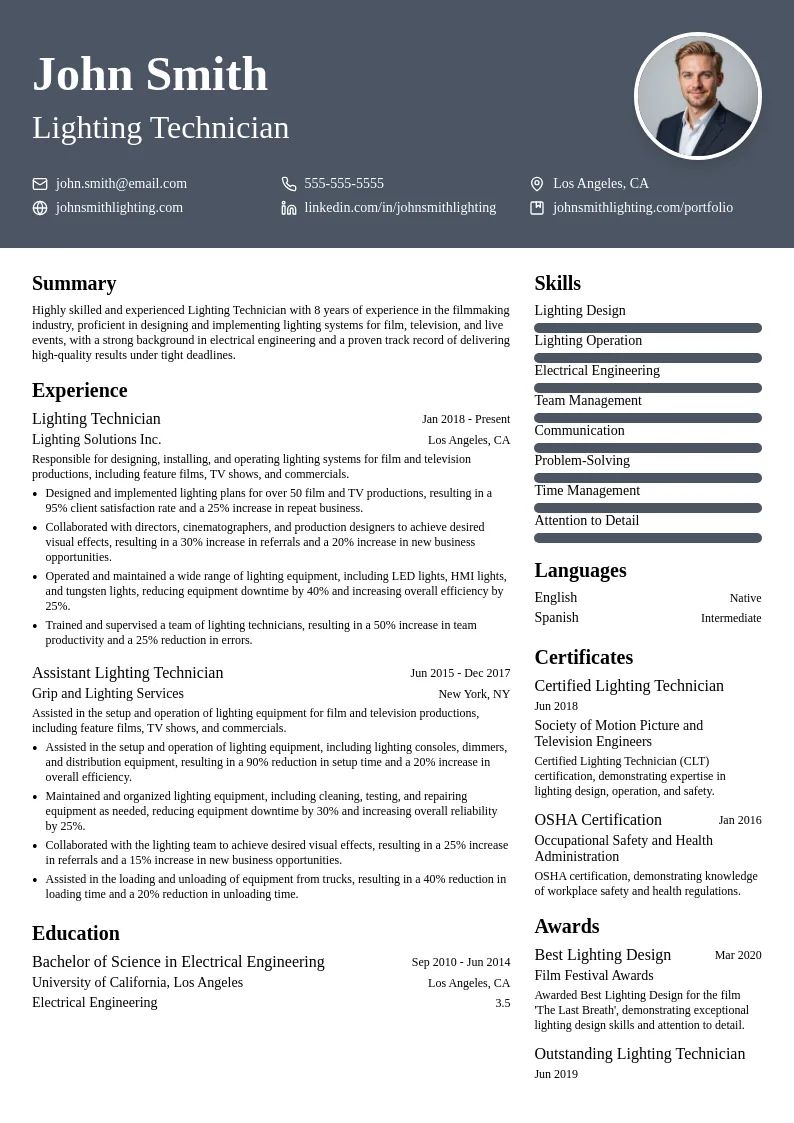 Lighting Technician resume example