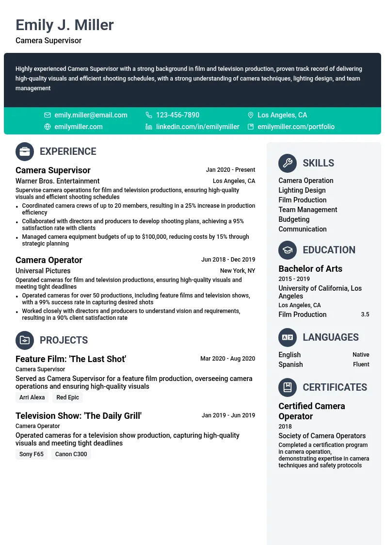 Camera Supervisor resume example