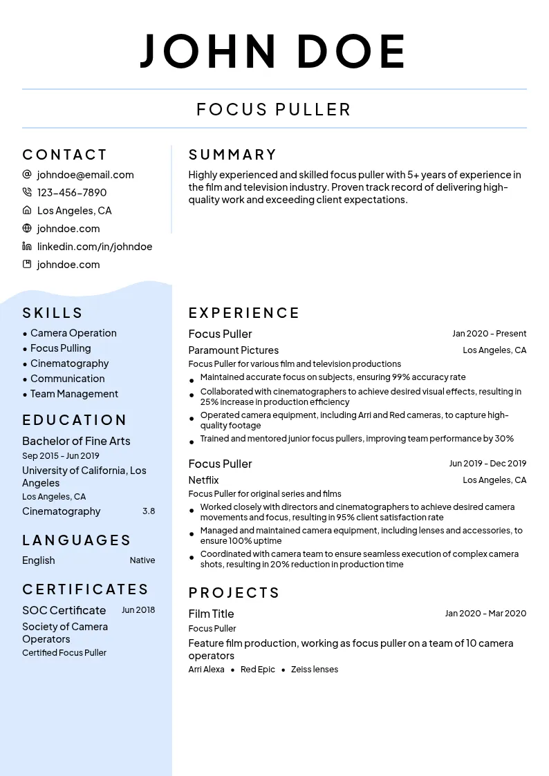 Focus Puller resume example