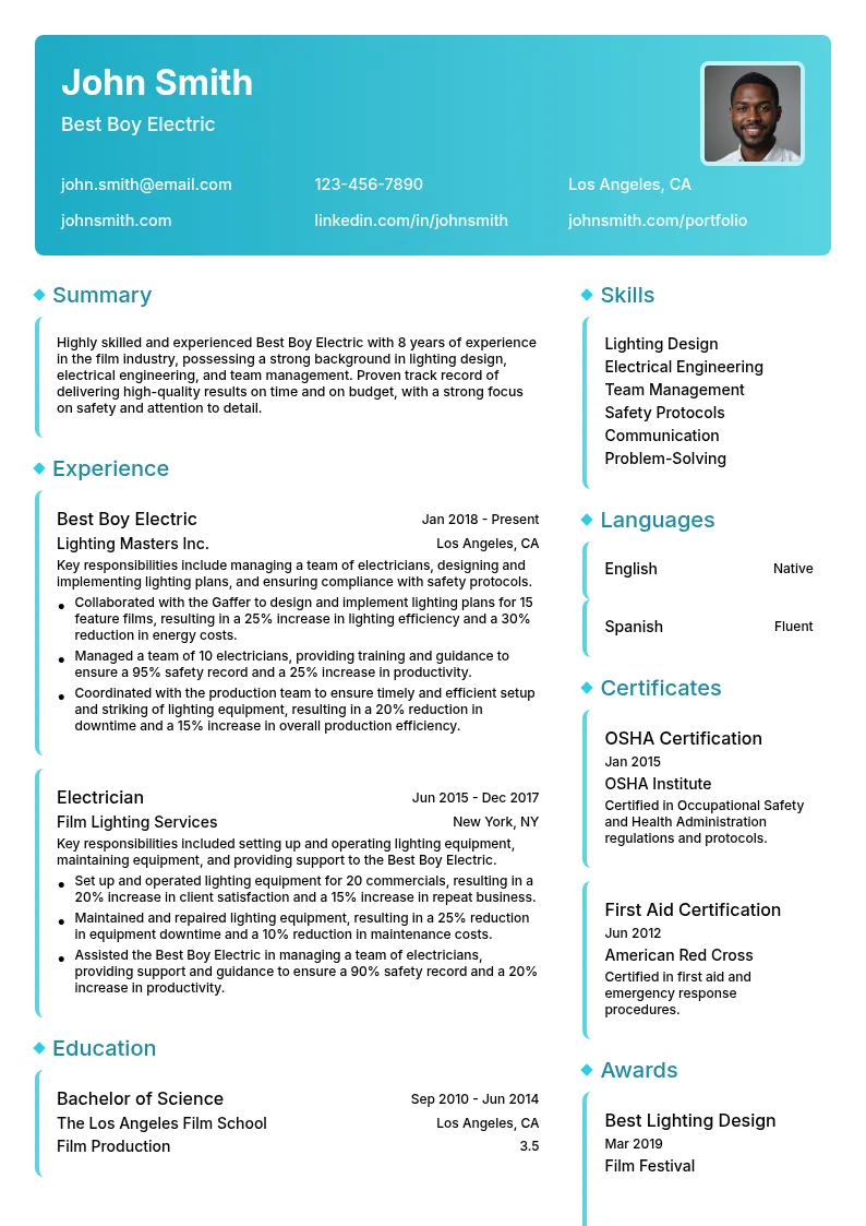 Best Boy Electric resume example