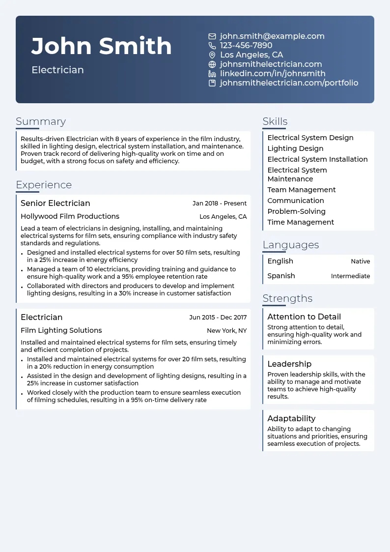 Electrician resume example