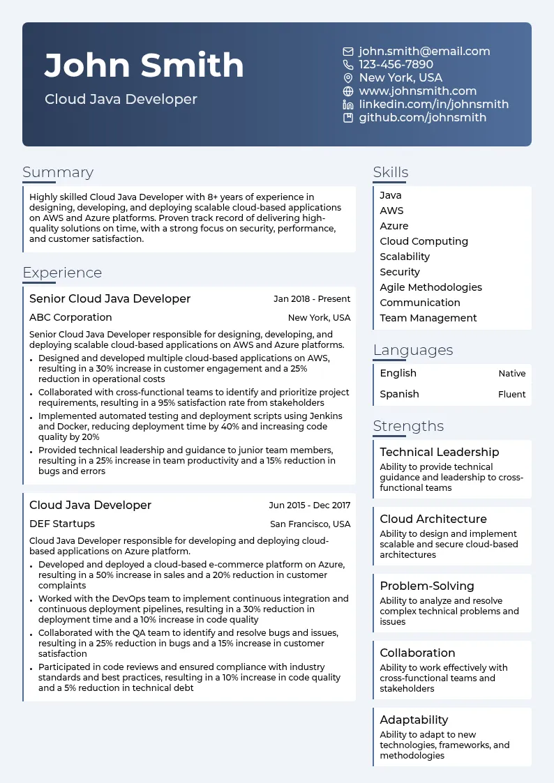 Cloud Java Developer resume example