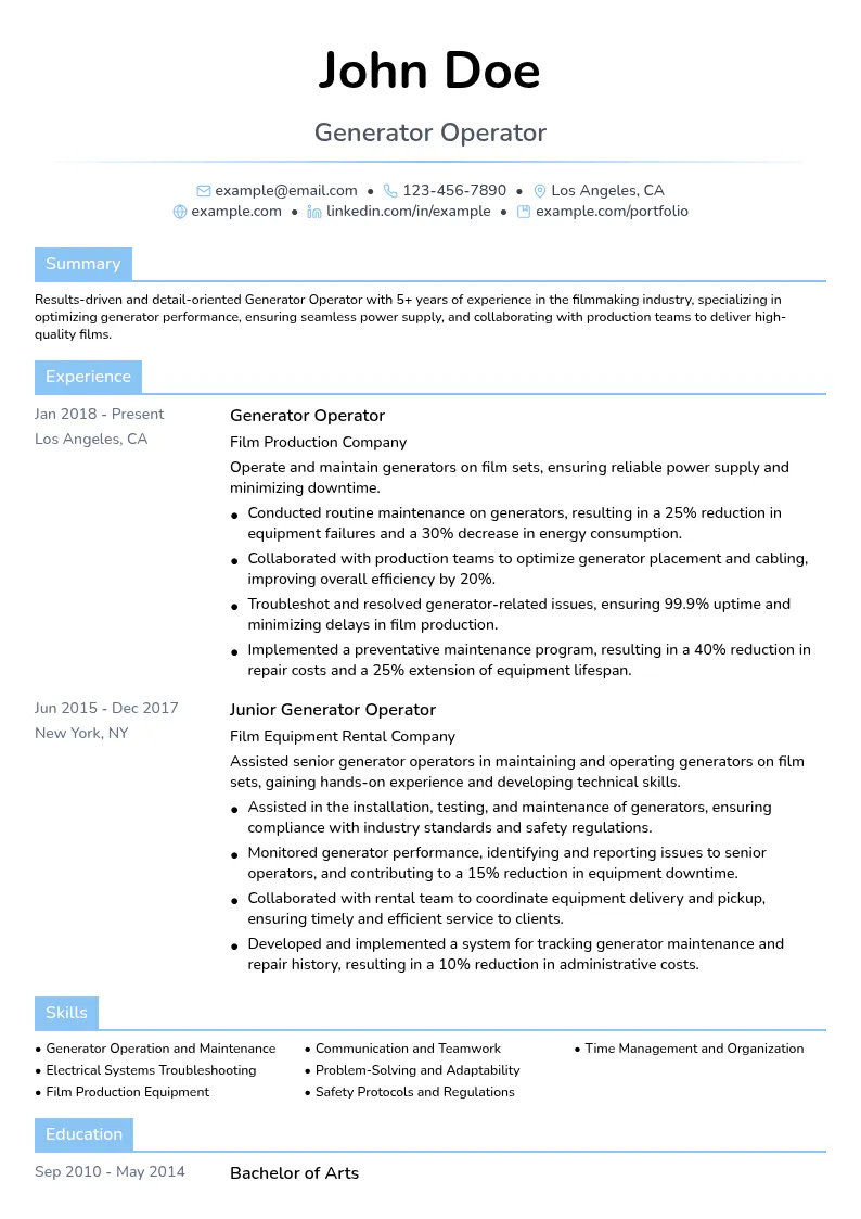 Generator Operator resume example
