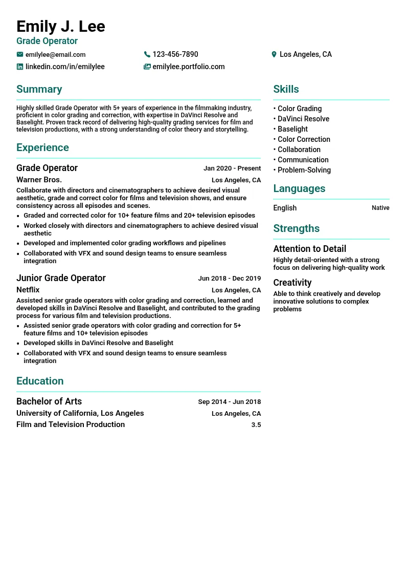 Grade Operator resume example