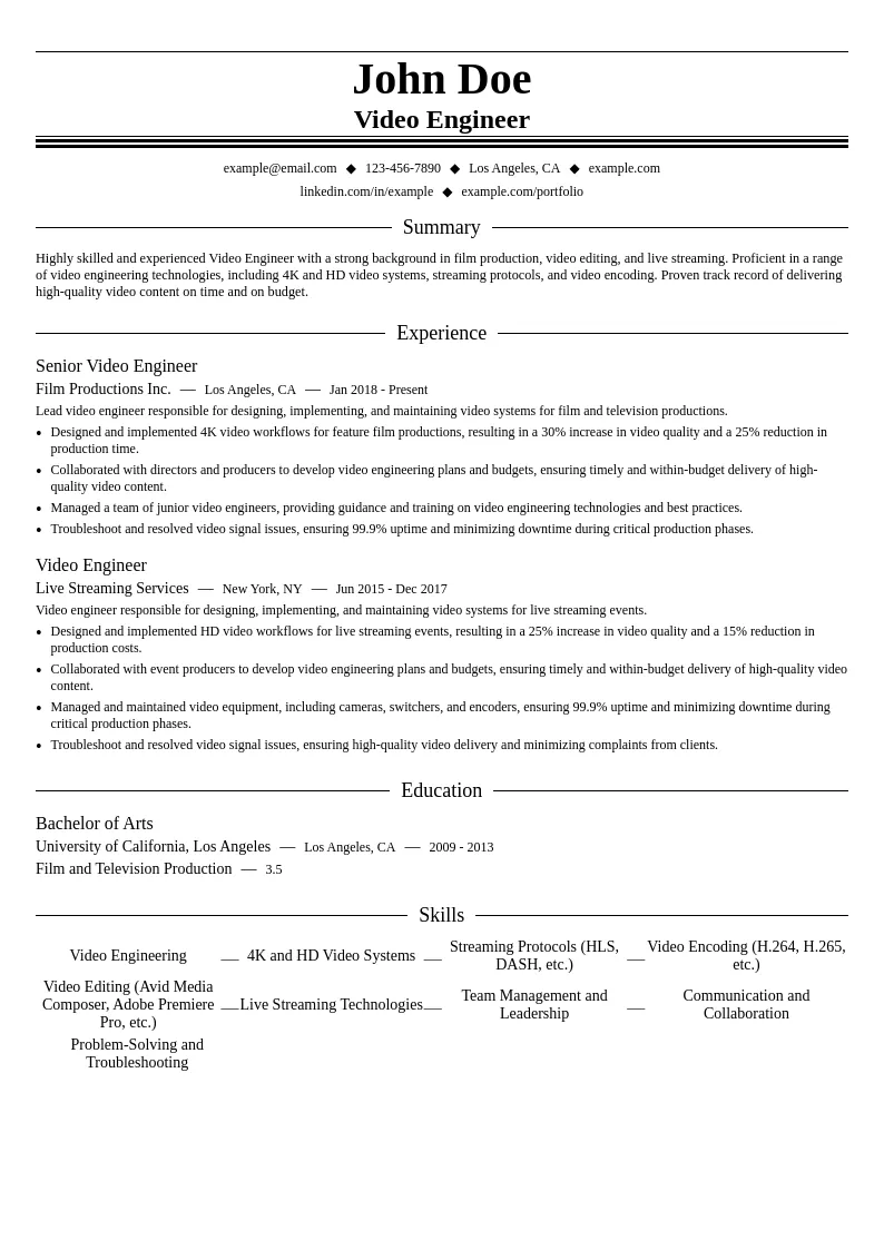 Video Engineer resume example