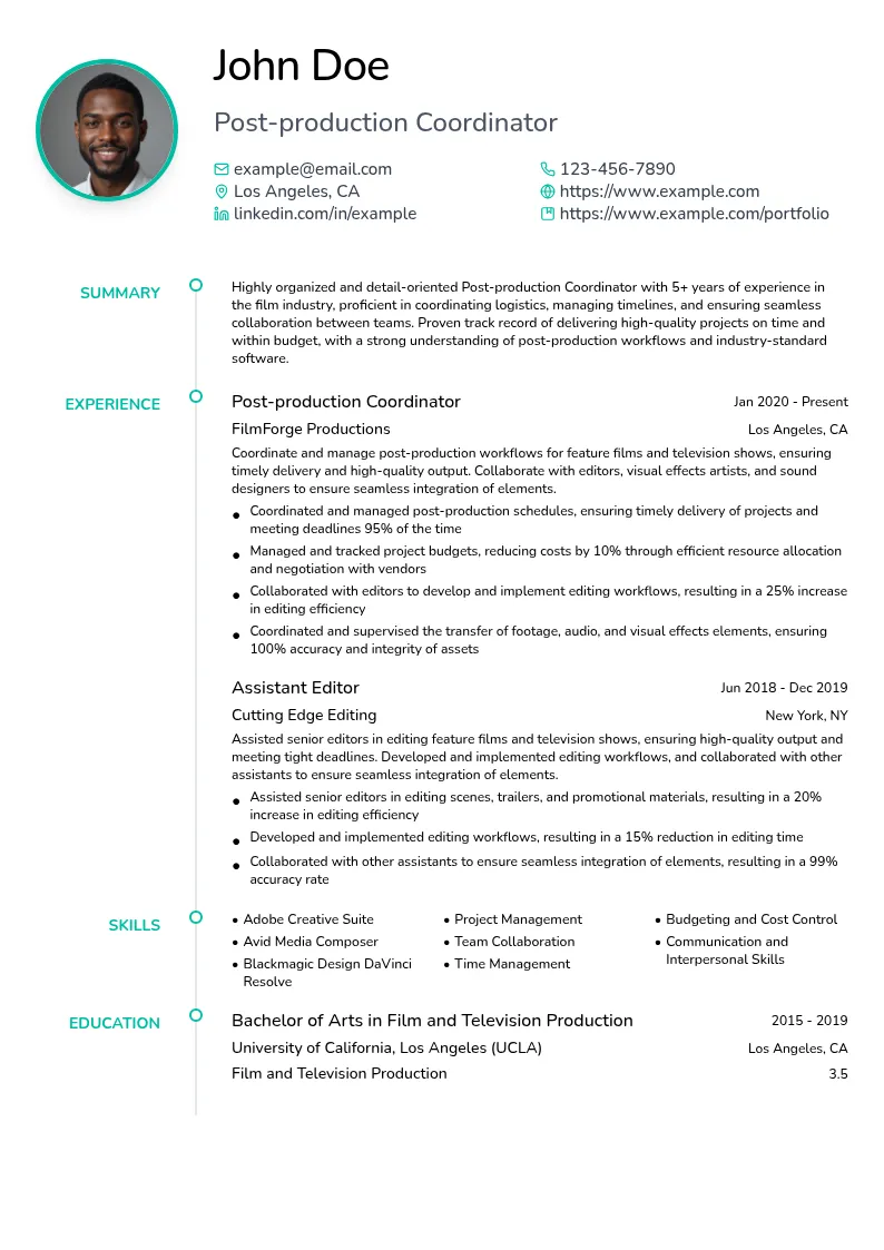 Post-production Coordinator resume example