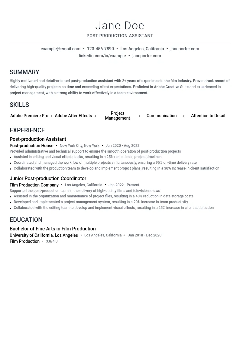 Post-production Assistant resume example