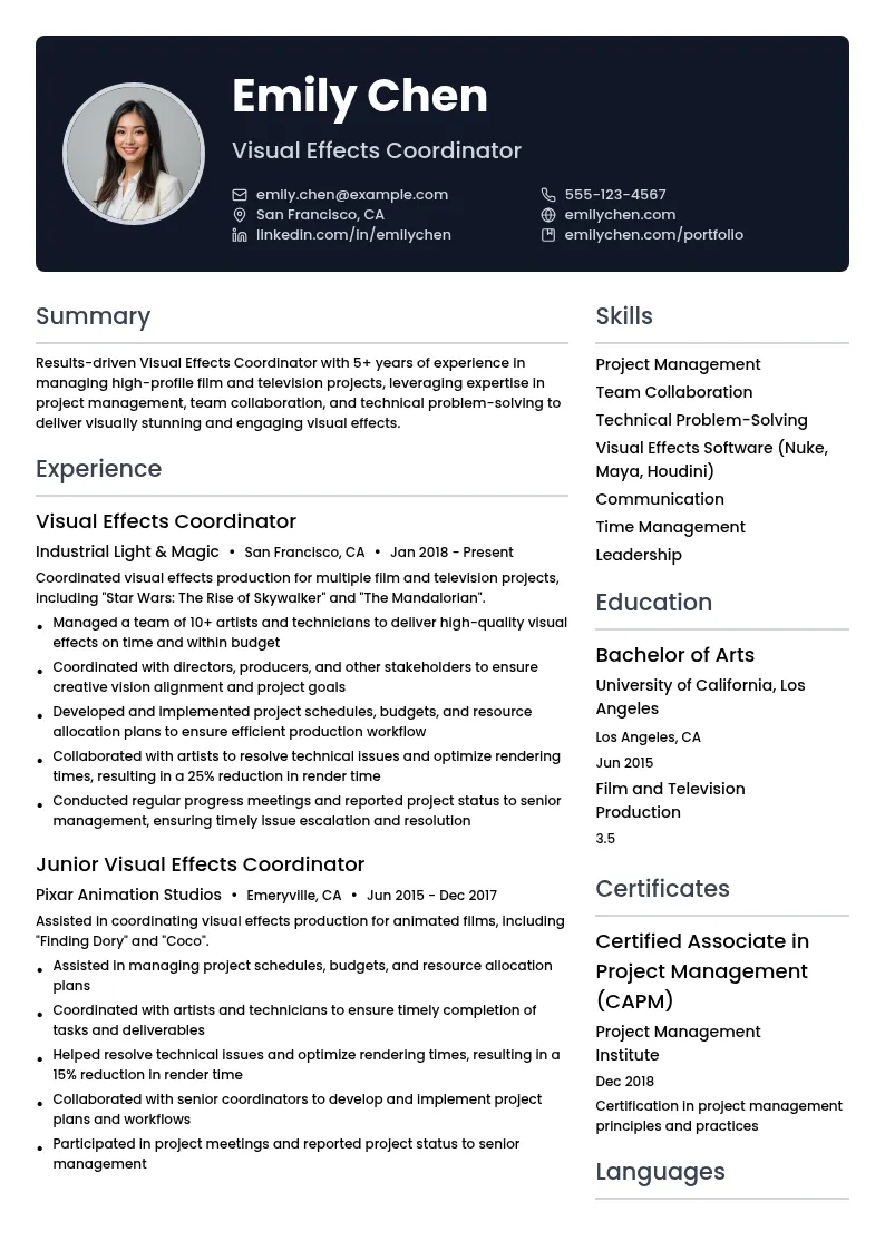 Visual Effects Coordinator resume example