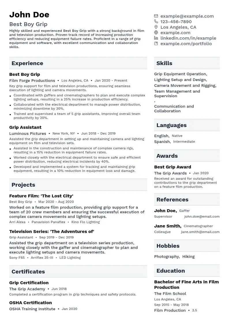 Best Boy Grip resume example