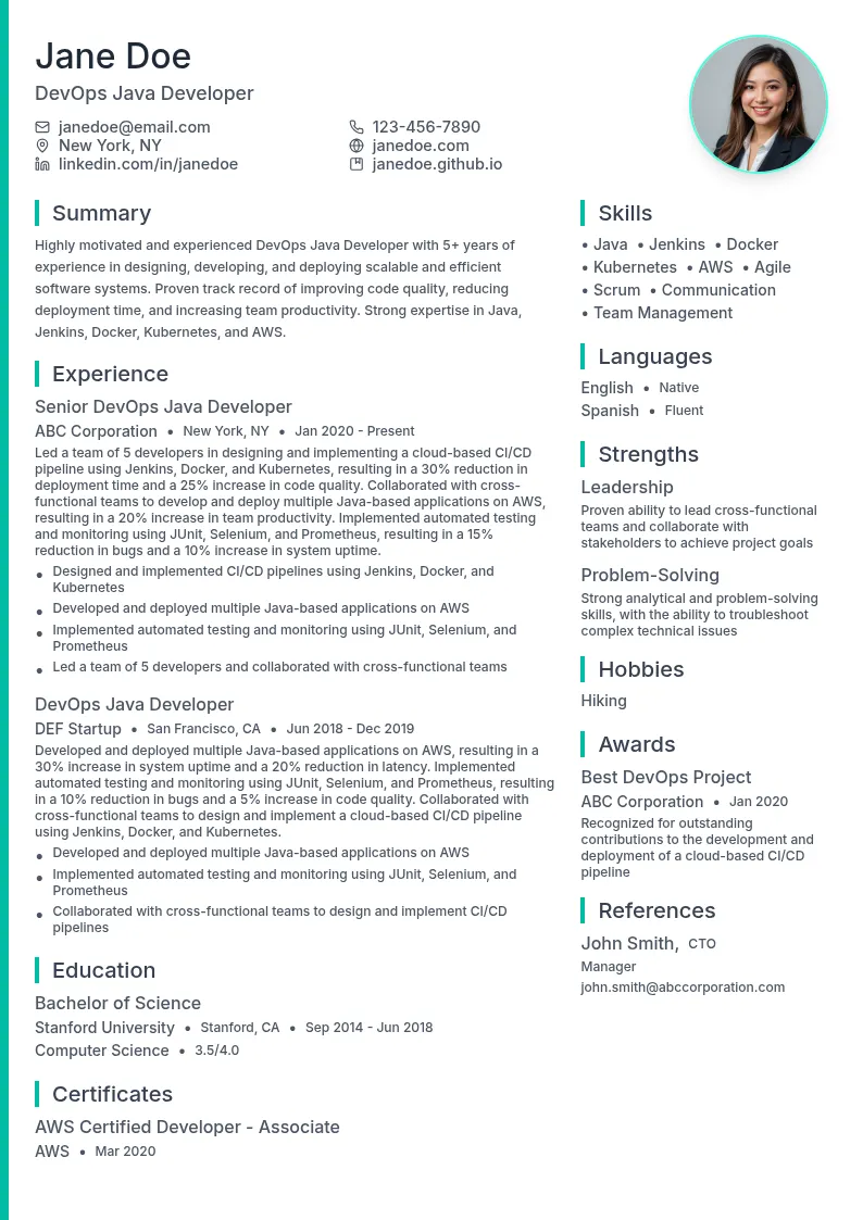 DevOps Java Developer resume example