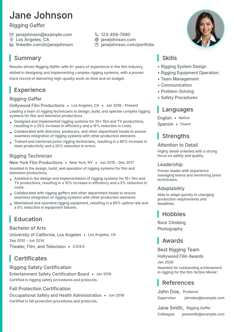 Rigging Gaffer resume example