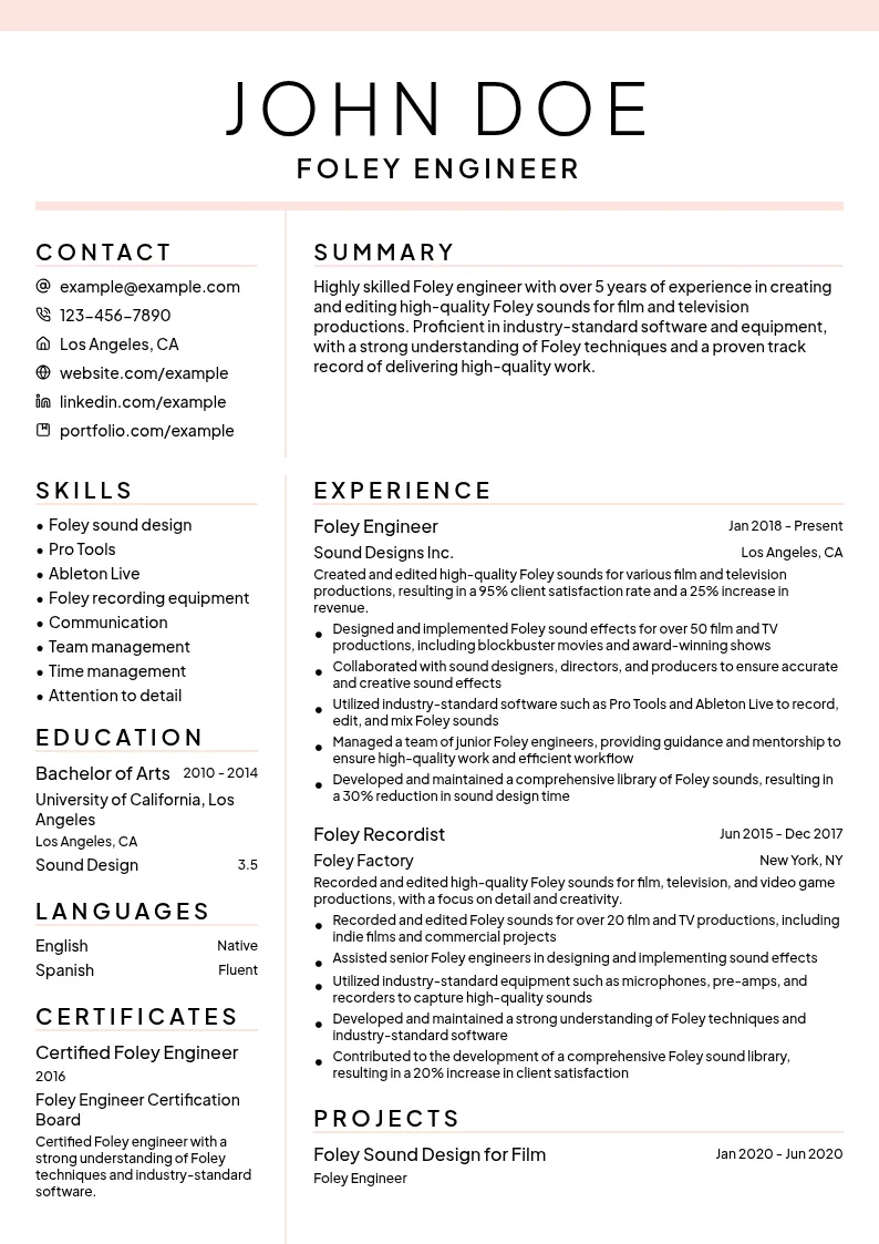 Foley Engineer resume example
