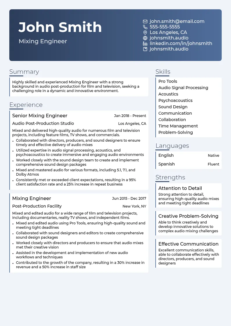 Mixing Engineer resume example