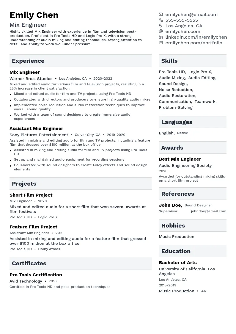 Mix Engineer resume example