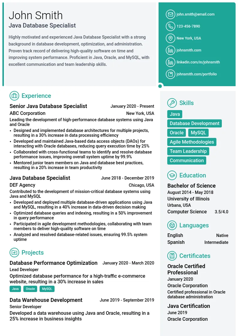 Java Database Specialist resume example