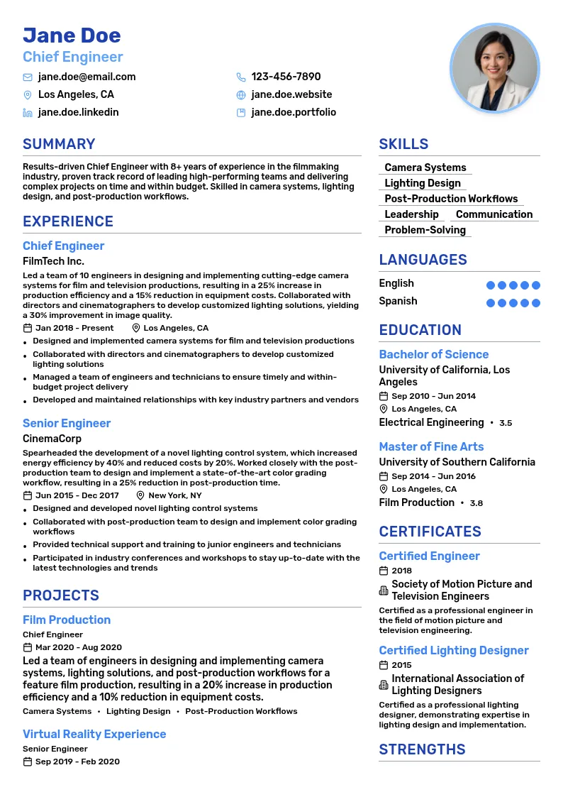 Chief Engineer resume example