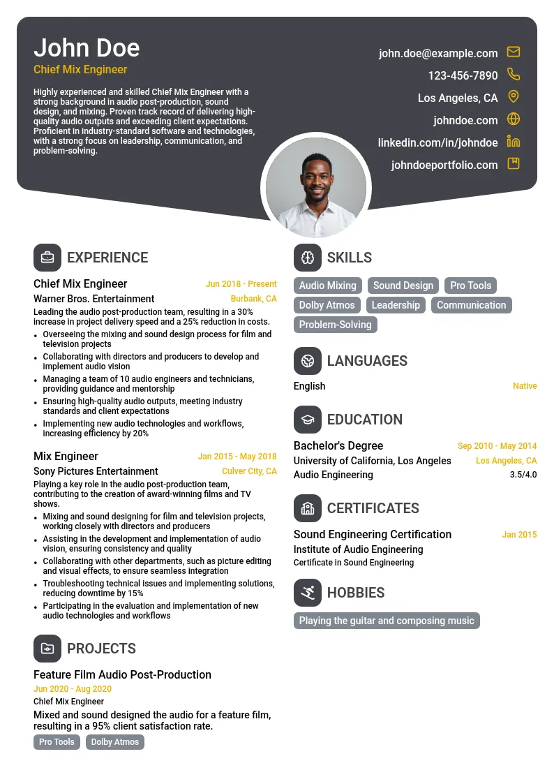 Chief Mix Engineer resume example