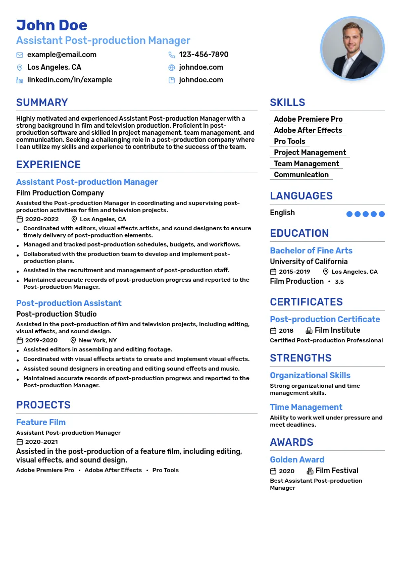 Assistant Post-production Manager resume example