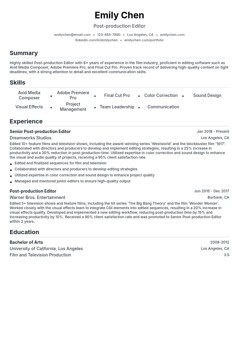 Post-production Editor resume example