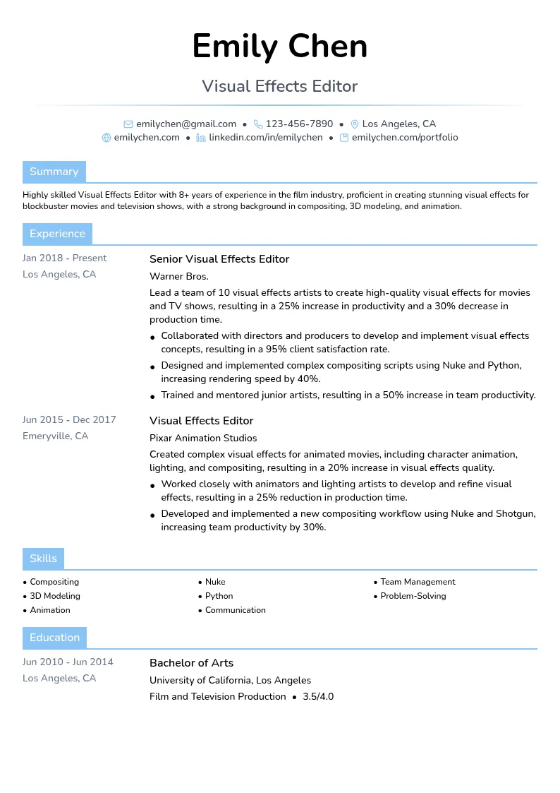 Visual Effects Editor resume example