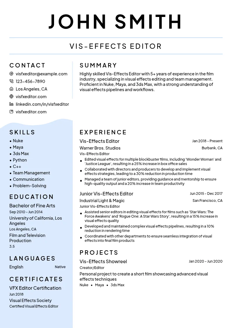 Vis-Effects Editor resume example