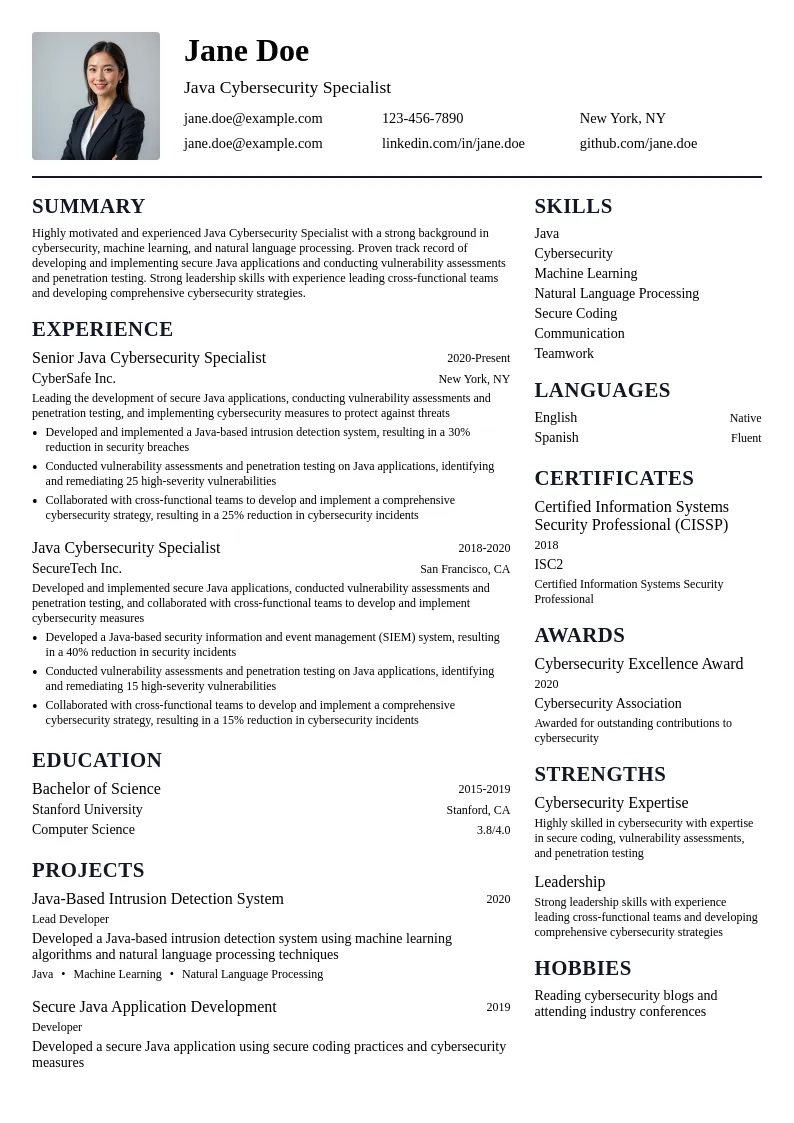 Java Cybersecurity Specialist resume example