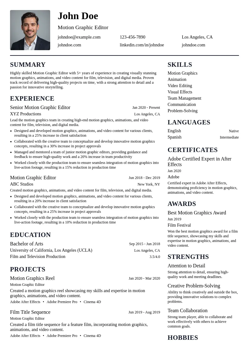 Motion Graphic Editor resume example