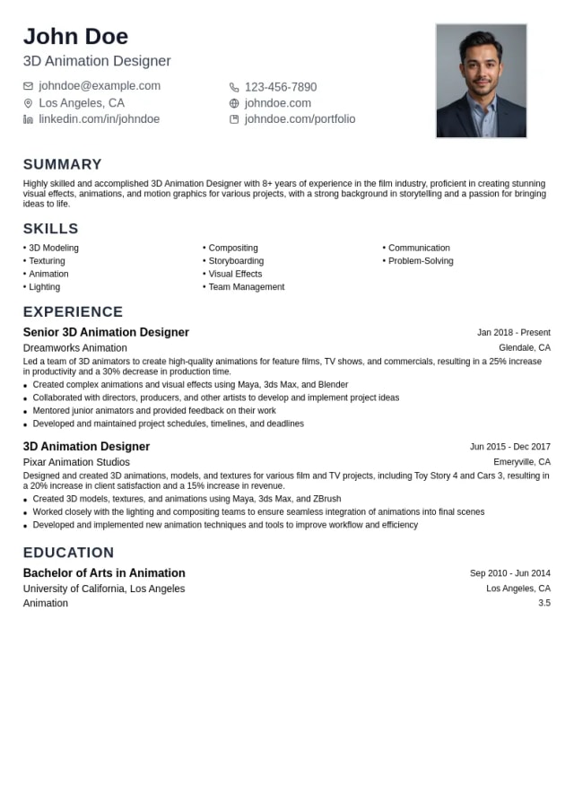 3D Animation Designer resume example