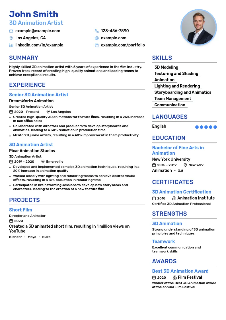 3D Animation Artist resume example