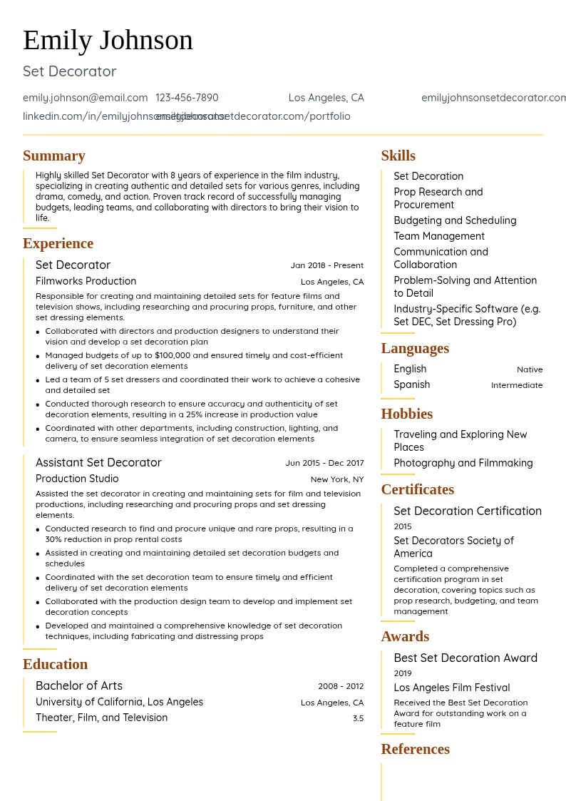 Set Decorator resume example
