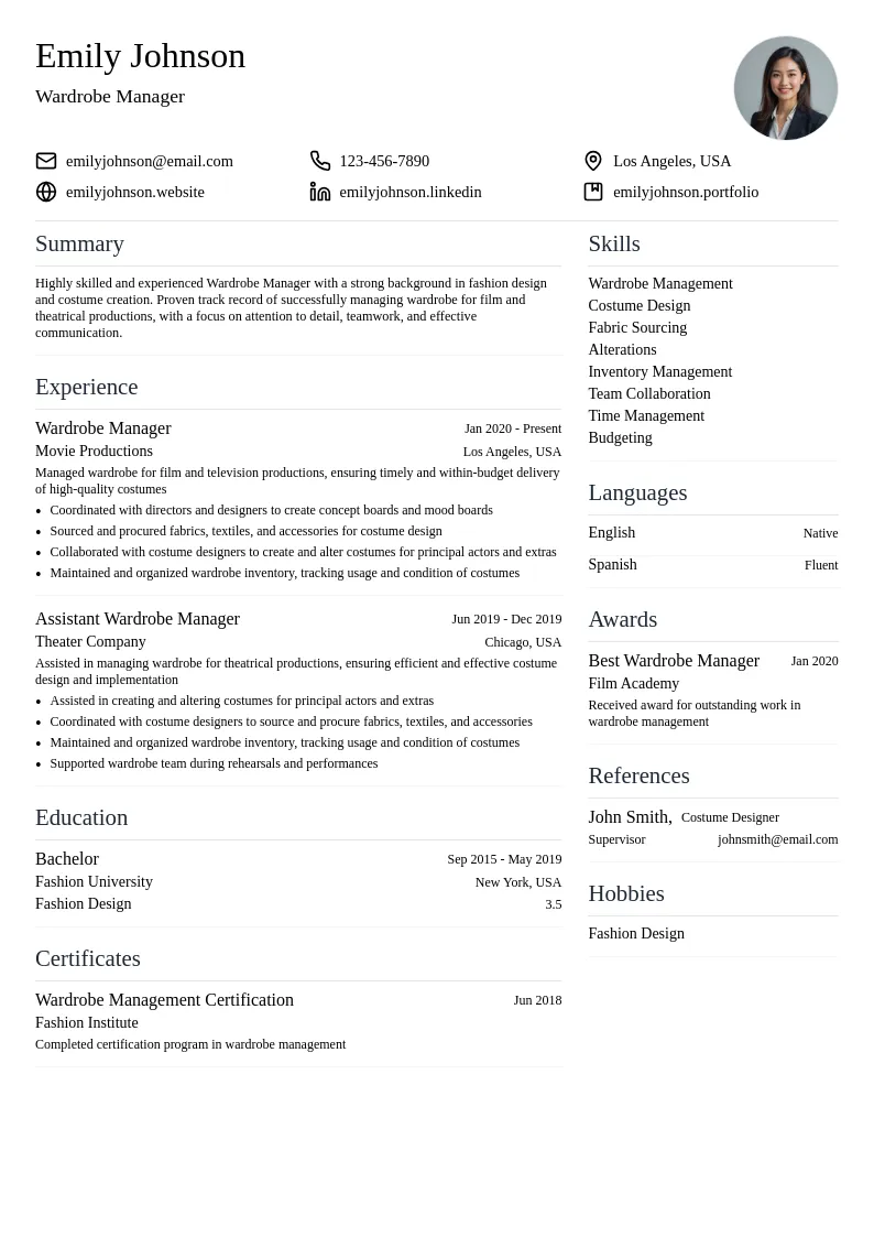 Wardrobe Manager resume example