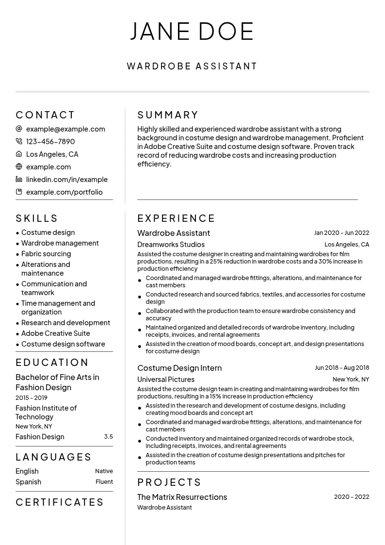 Wardrobe Assistant resume example
