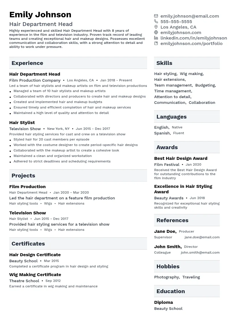 Hair Department Head resume example