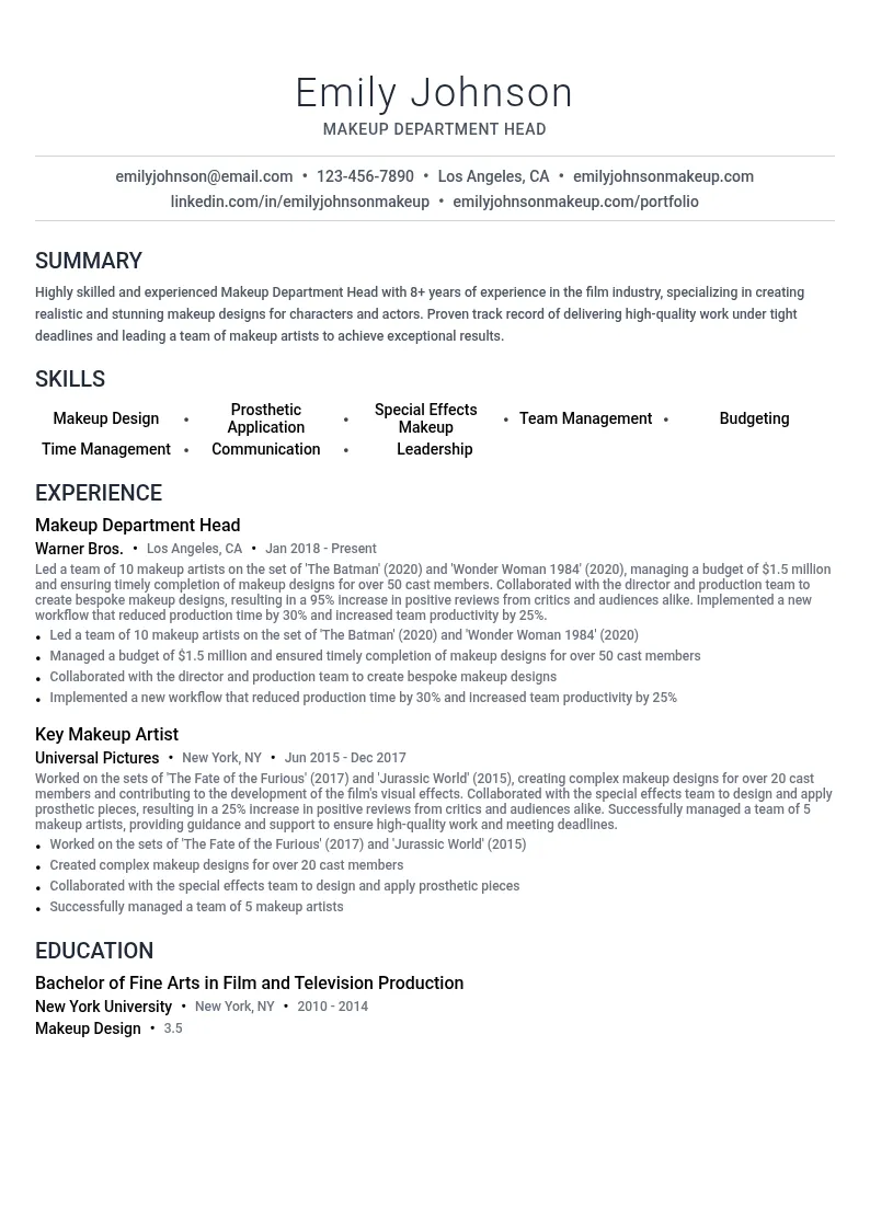 Makeup Department Head resume example