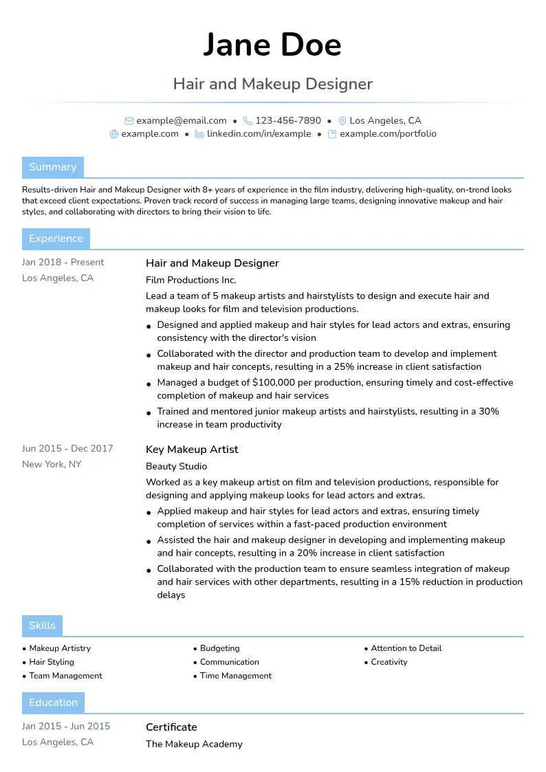 Hair and Makeup Designer resume example